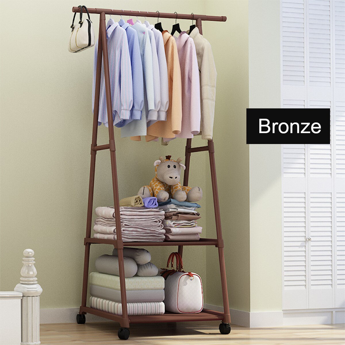 Removable Metal Coat Rack Floor Shelf Stand with Wheels Multifunction Storage Rack Organizer Garment Clothes Holder Shelves