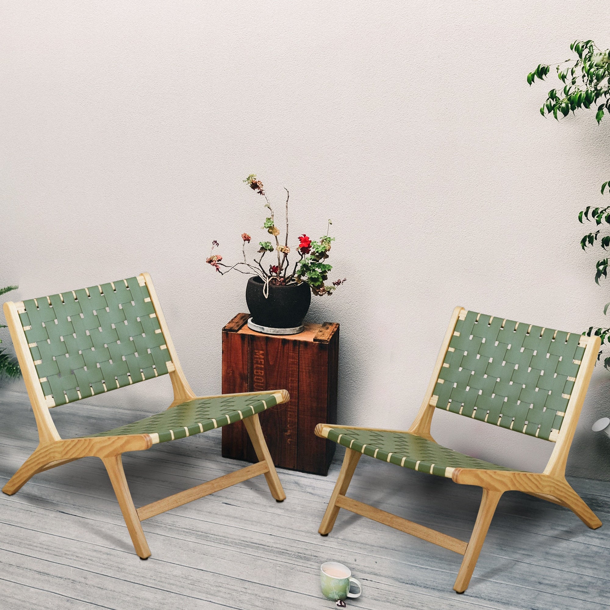 Green Leather Woven Patio Chair for Leisure Indoor Wooden Recliner Accent Sofa Wood Furniture for Garden Living room