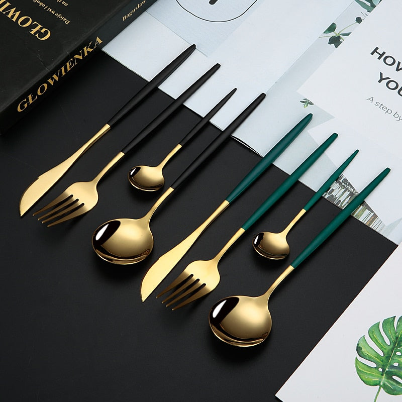 4/24pcs Gold Dinnerware Set Upscale Black Stainless Steel Tableware Knife Fork Coffee Spoon Flatware Set Dishwasher Safe Cutlery