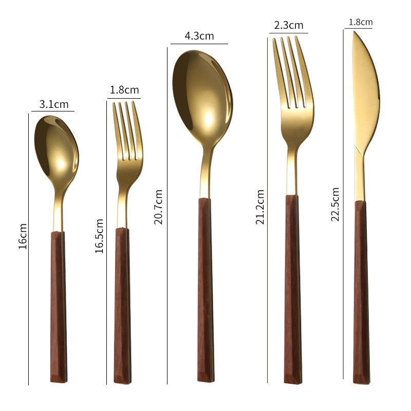 Western Dinnerware Set Glossy Silver Wood Handle 304 Stainless Steel 25Pcs Steak Table Knife Fork Spoon Dessert Fork Cutlery Set