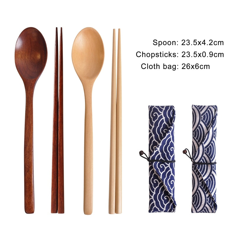 Portable Wood Tableware Wooden Chopstick Spoon Cutlery Sets Travel Dinnerware Suit Environmental with Cloth Pack Gifts Set