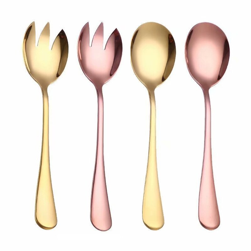 Gold Salad Spoon Fork Stainless Steel 2PCS Salad Spoon Cutlery Set Serving Spoon Set Colorful Unique Dessert Spoons Tableware