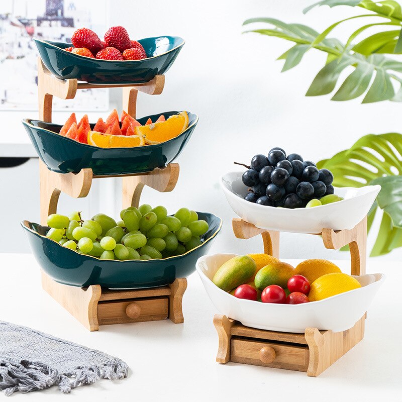 2/3 Tiers Candy Dish Ceramics Fruit Plate Snack Plate Creative Modern Dried Fruit Fruit Basket With Drawer Dish Living Room Home