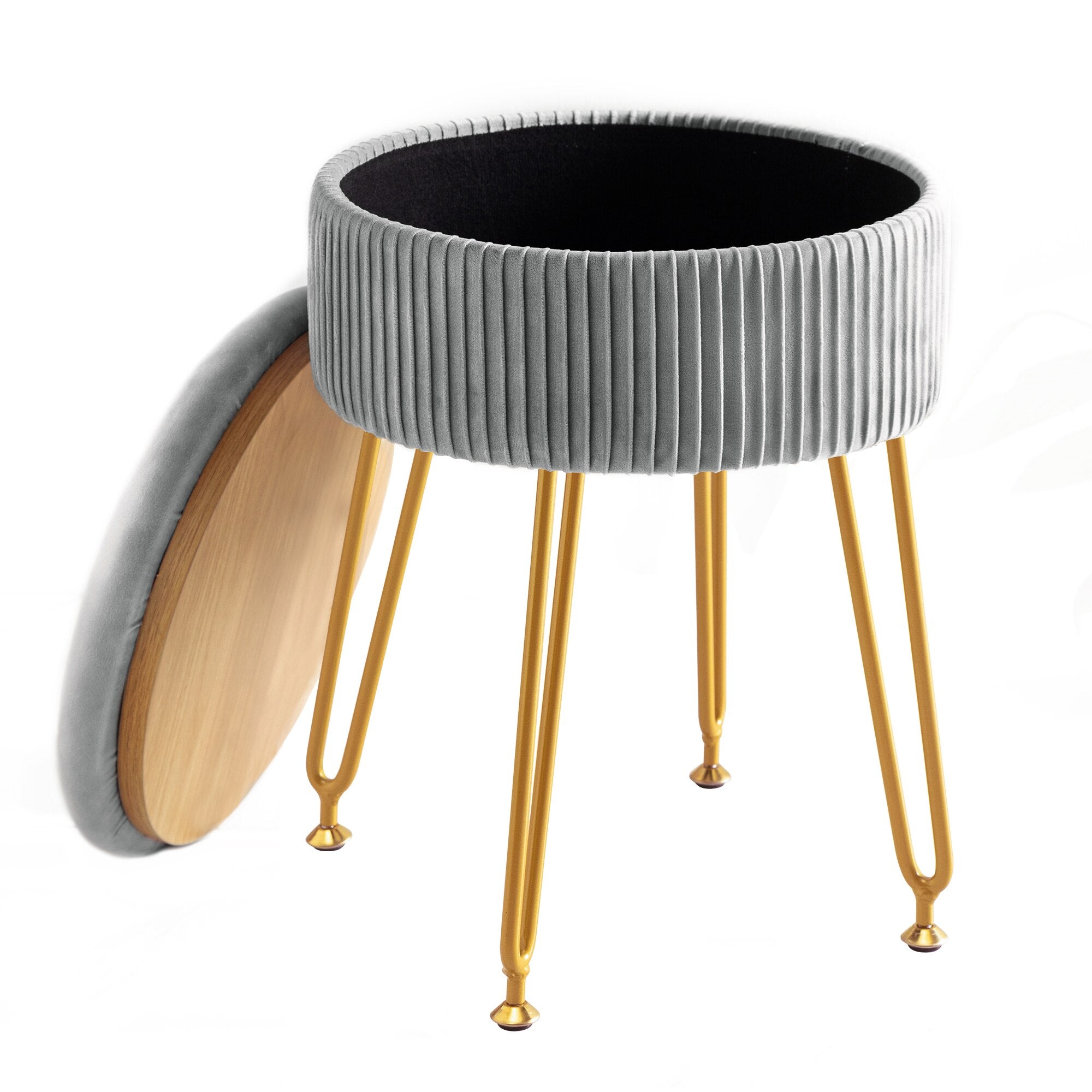 Velvet Teal Storage Ottoman Pleated Round Footrest Vanity Stool with Metal Legs Suitable for Living Room and Bedroom