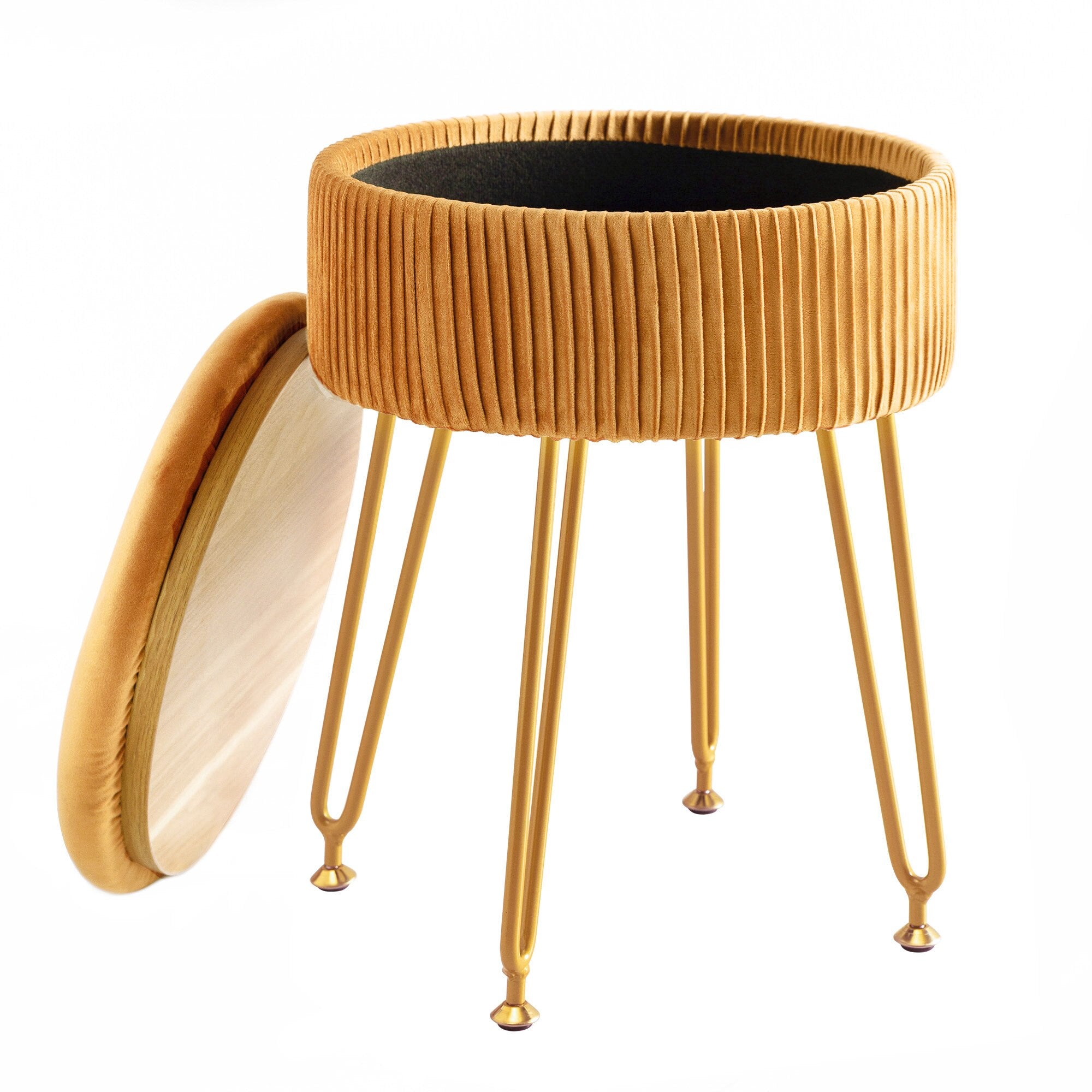 Orange Velvet Storage Ottoman Stool Round Footrest Vanity Stool with Metal Legs Suitable for Living Room and Bedroom