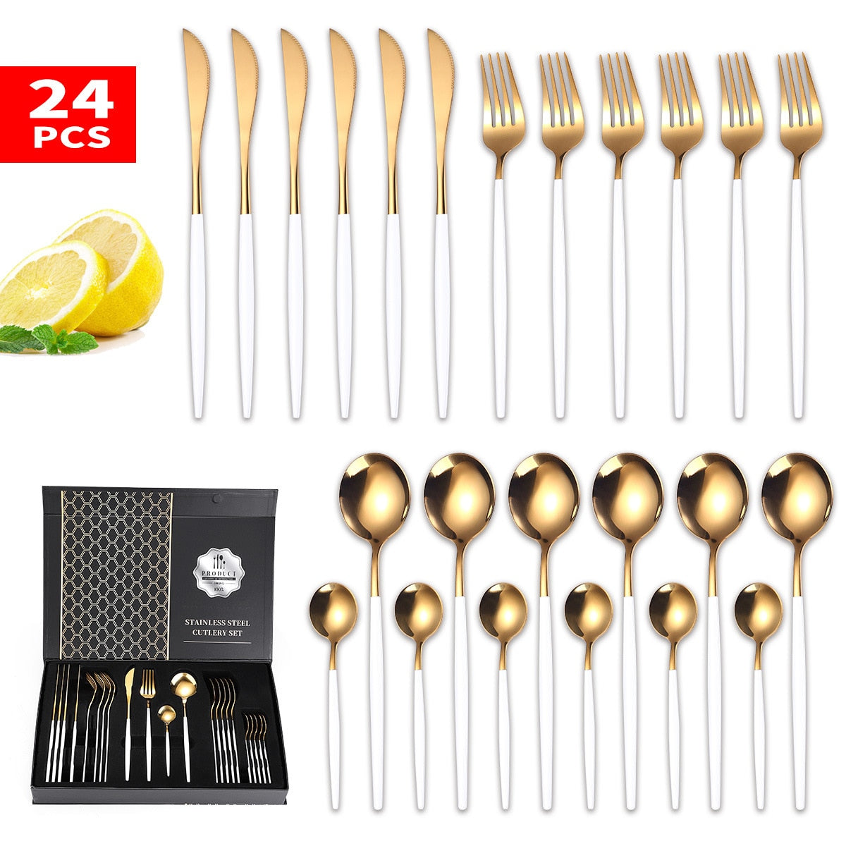 24PCS Box-Packed Cutlery Set Stainless Steel Dinner Tableware Sets Western Dishes Knives Fork Coffee Spoons Kitchen Dinnerware