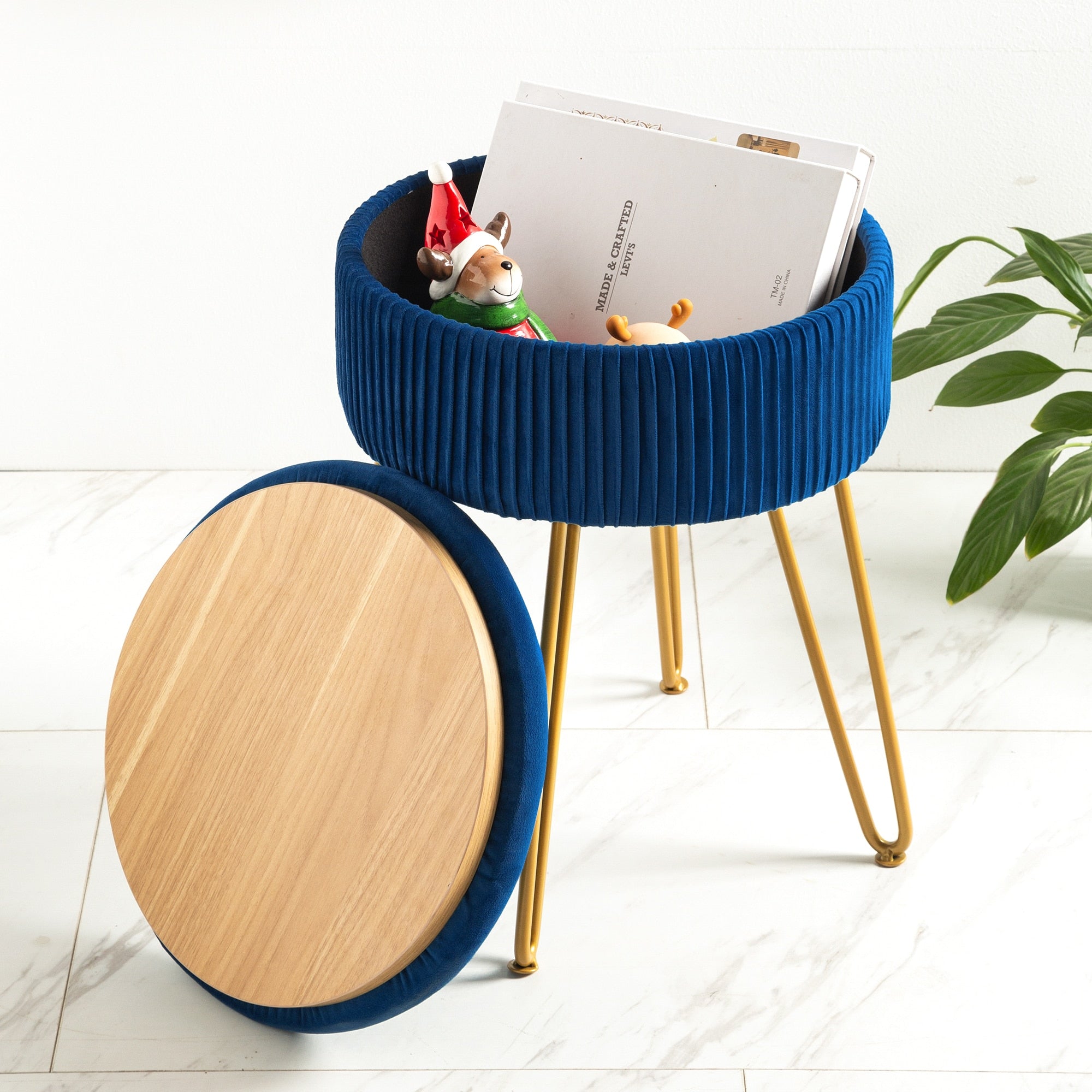 Royalblue Velvet Storage Ottoman Stool Round Footrest Vanity Stool with Metal Legs Suitable for Living Room and Bedroom