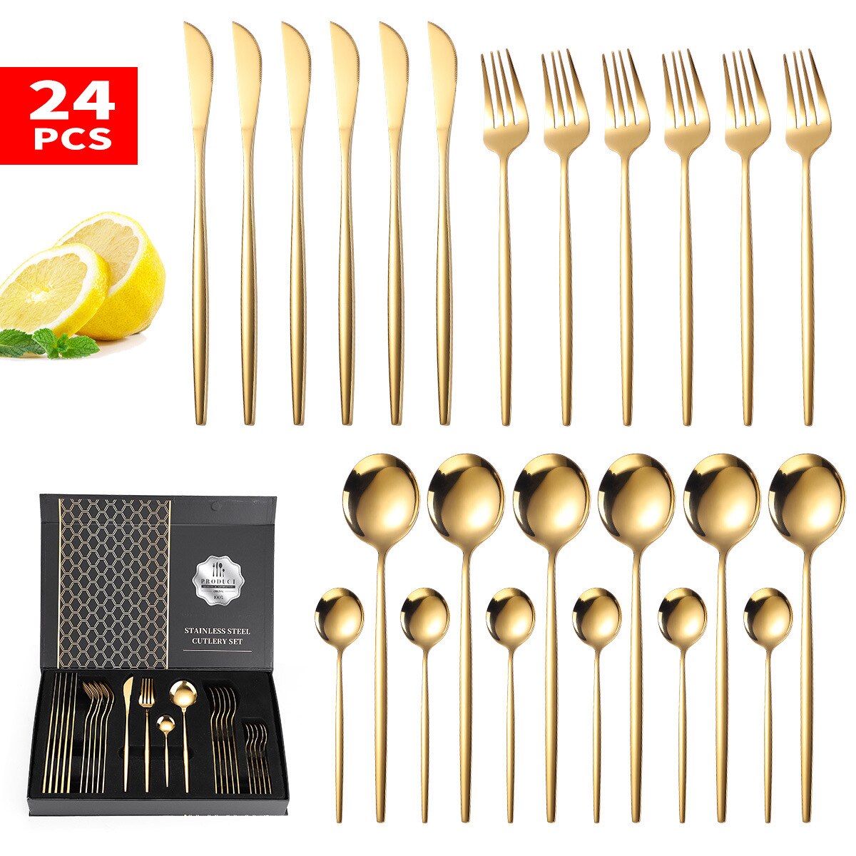 24PCS Box-Packed Cutlery Set Stainless Steel Dinner Tableware Sets Western Dishes Knives Fork Coffee Spoons Kitchen Dinnerware