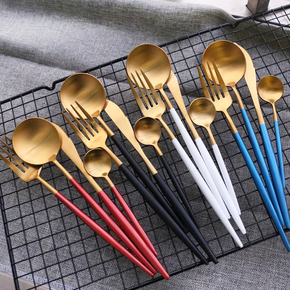 24Pcs Cutlery Set Stainless Steel Dinnerware Set Kitchen Mirror Complete Tableware Knife Fork Spoon Steel Gold Cutlery Table Set