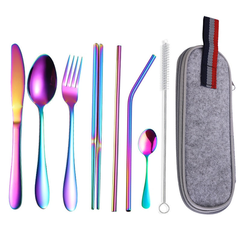 Travel Dinnerware 9PCS Portable Cutlery Camping Dinner Sets Stainless Steel Tableware Rainbow With Straw Kit Brush Chopstick Bag