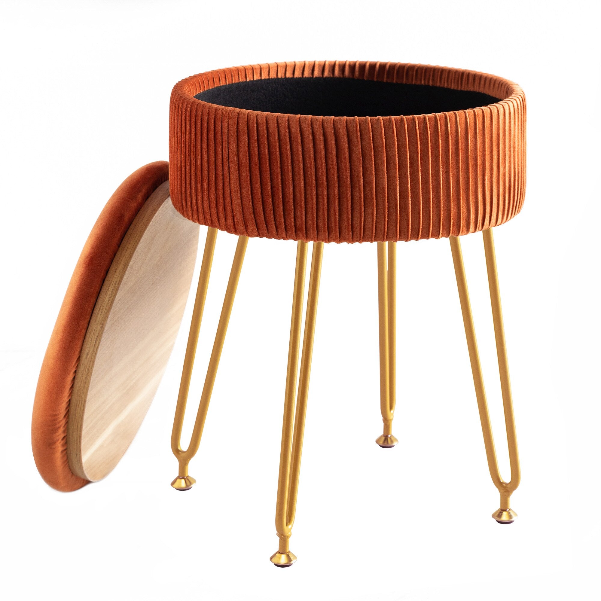 Yellow Velvet Storage Ottoman Stool Round Footrest Vanity Stool with Metal Legs Suitable for Living Room and Bedroom