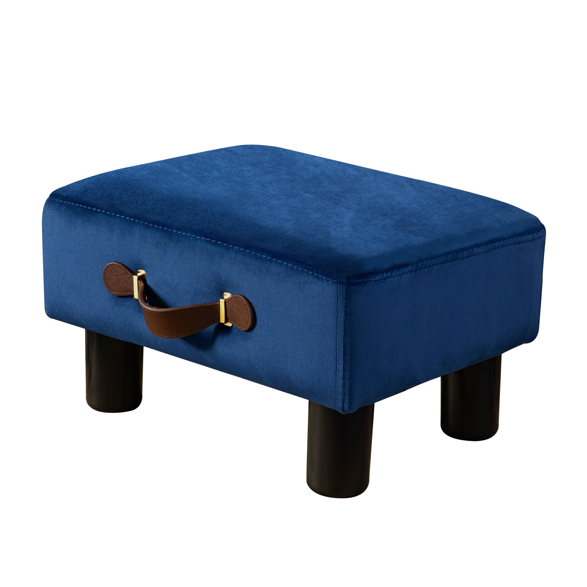 PU Leather Ottoman with Handle Navy Blue Rectangular Foot Stool with Plastic Legs for Living Room Office Desk