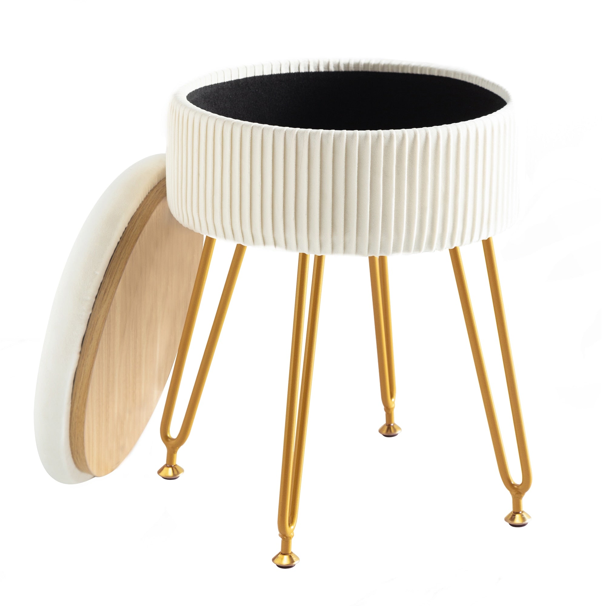 Yellow Velvet Storage Ottoman Stool Round Footrest Vanity Stool with Metal Legs Suitable for Living Room and Bedroom