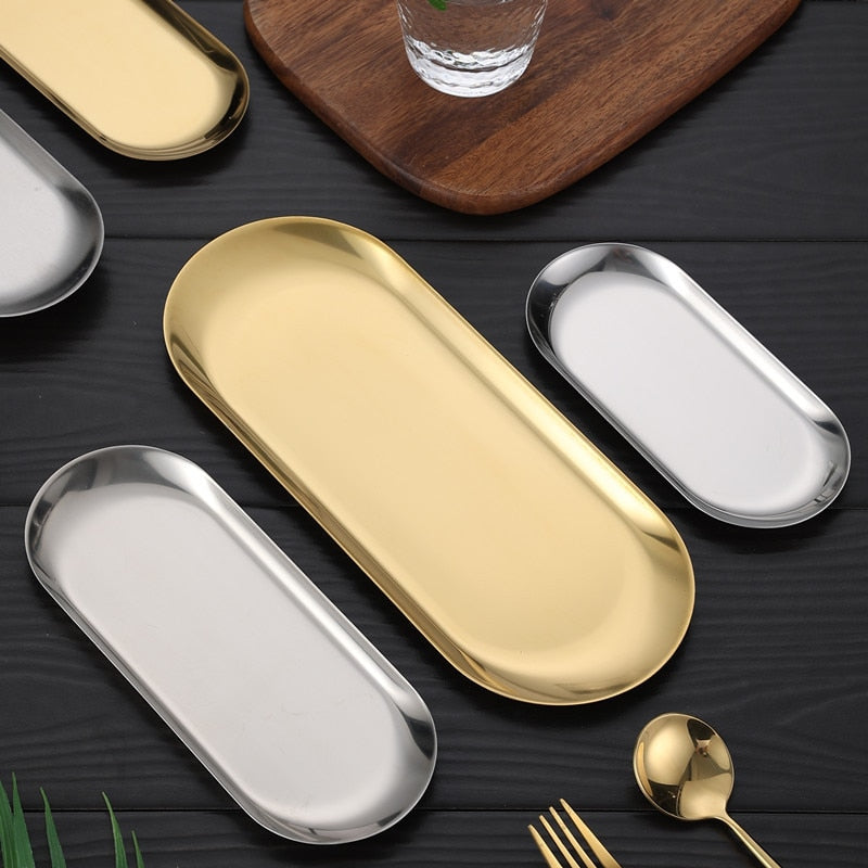 Nordic Style Stainless Steel Gold Silver Dessert Dining Plate Nut Cake Fruit Plate Towel Tray Snack Western Steak Kitchen Plate