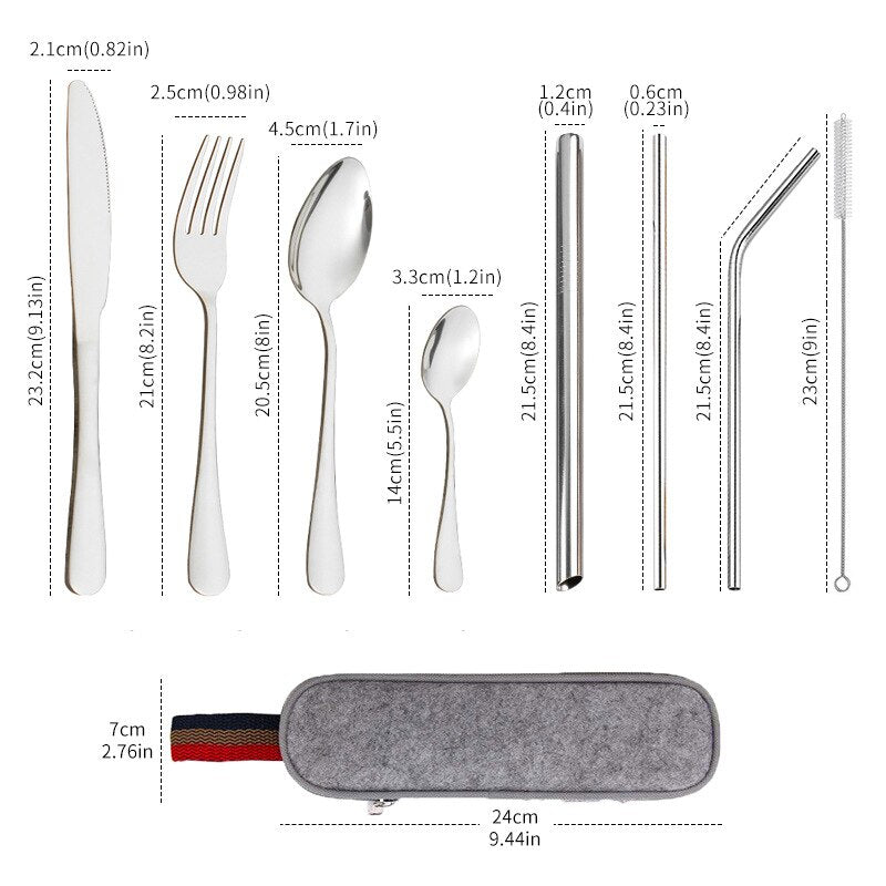 Travel Dinnerware 9PCS Portable Cutlery Camping Dinner Sets Stainless Steel Tableware Rainbow With Straw Kit Brush Chopstick Bag