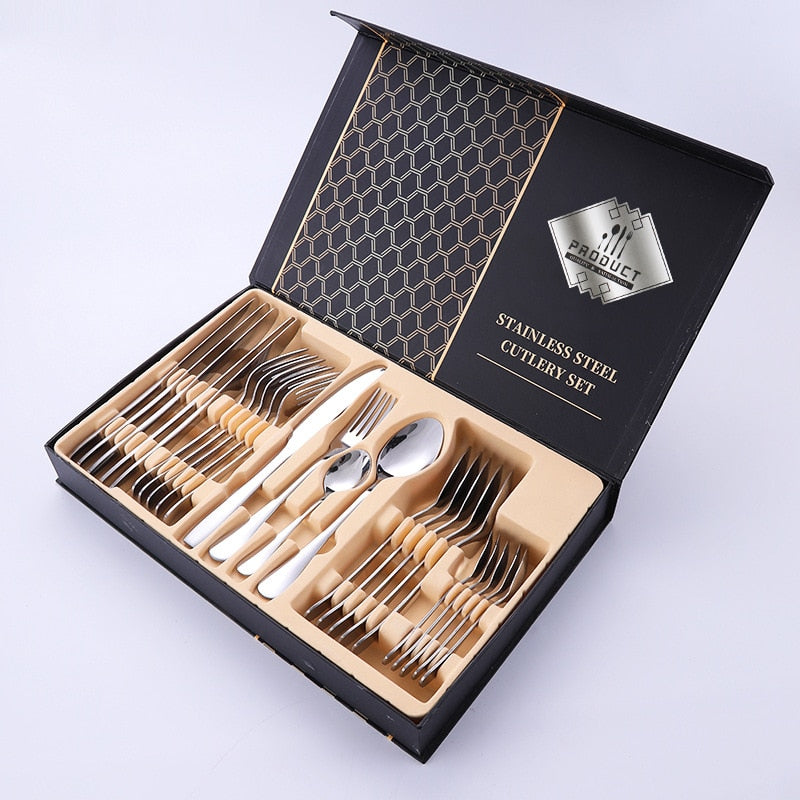 24PCS Gold Cutlery Set Stainless Steel Tableware Dinner Cutlery Sets Western Dishes Knives Fork Coffee Spoons Kitchen Dinnerware