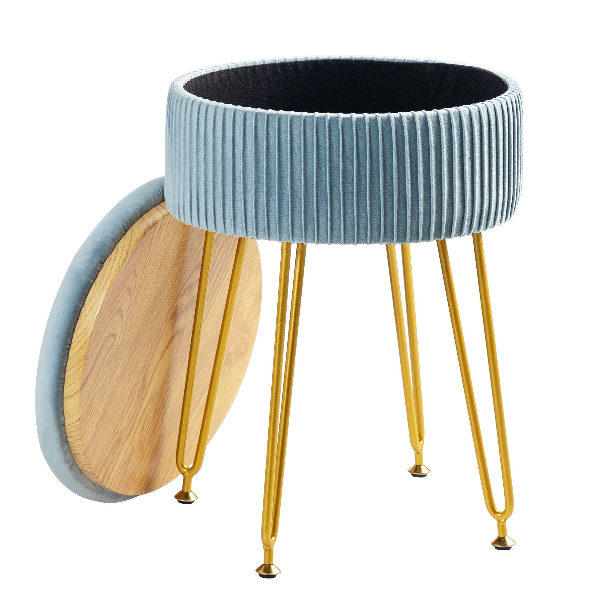 Yellow Velvet Storage Ottoman Stool Round Footrest Vanity Stool with Metal Legs Suitable for Living Room and Bedroom