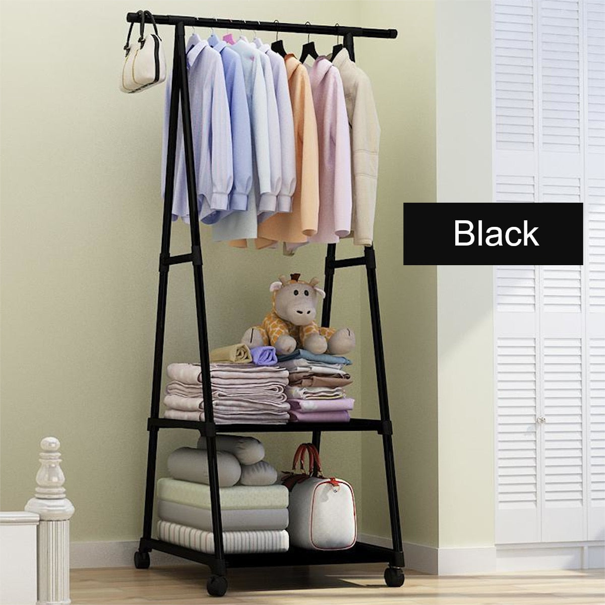 Removable Metal Coat Rack Floor Shelf Stand with Wheels Multifunction Storage Rack Organizer Garment Clothes Holder Shelves