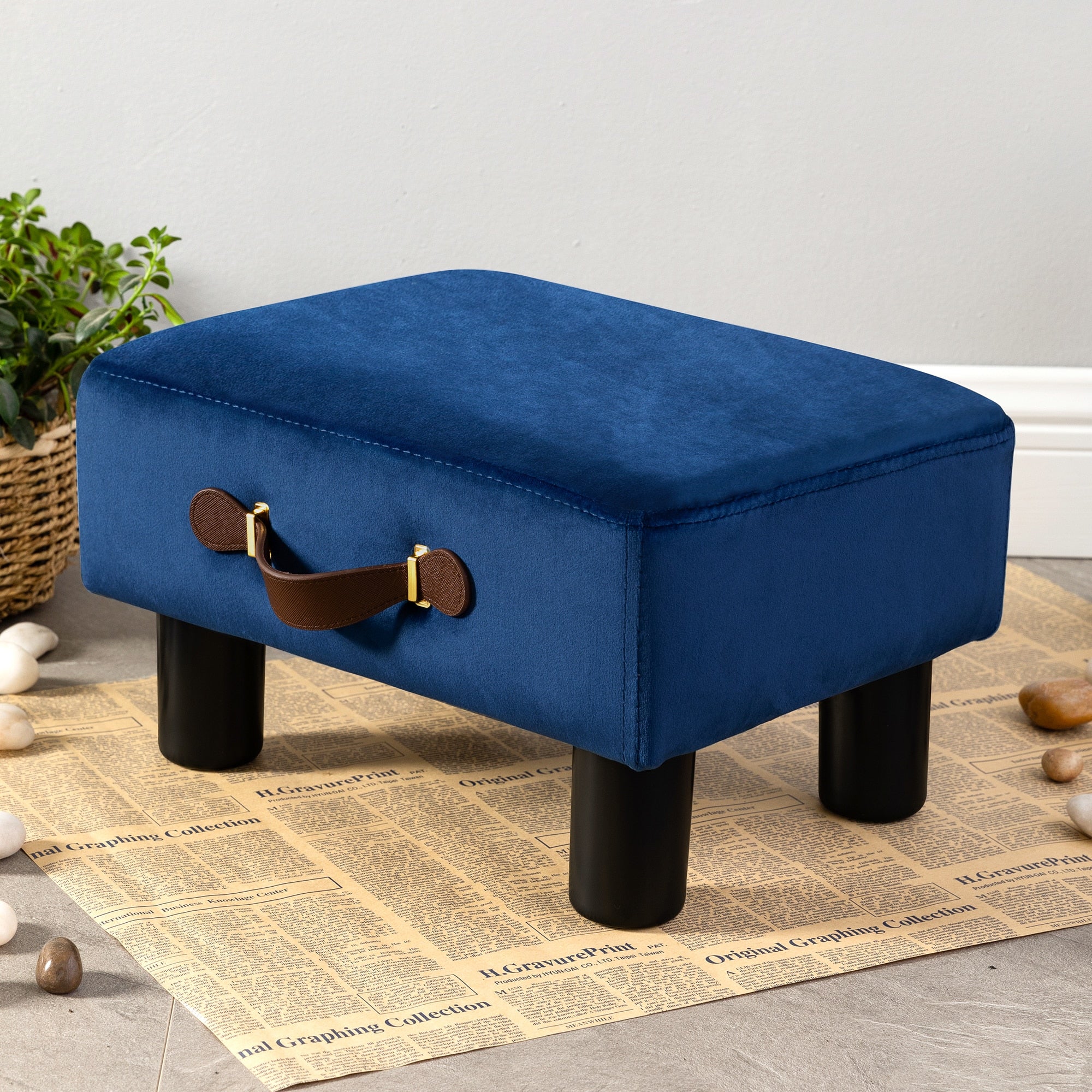 PU Leather Ottoman with Handle Navy Blue Rectangular Foot Stool with Plastic Legs for Living Room Office Desk