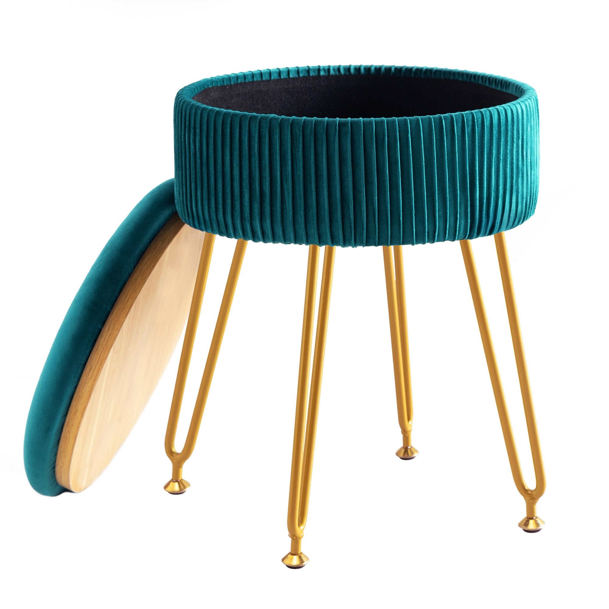 Velvet Storage Ottoman Pleated Round Footstool Vanity Stool with Metal Legs Suitable for Living Room and Bedroom