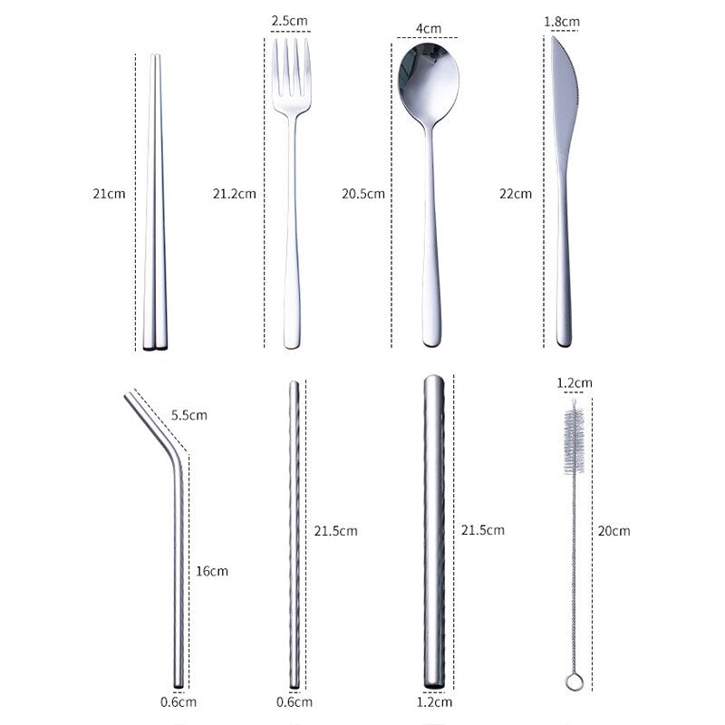 8pcs Dinnerware Set Travel Cutlery Set Reusable Tableware Stainless Steel Spoon Fork Chopsticks Kitchen Accessory With Case