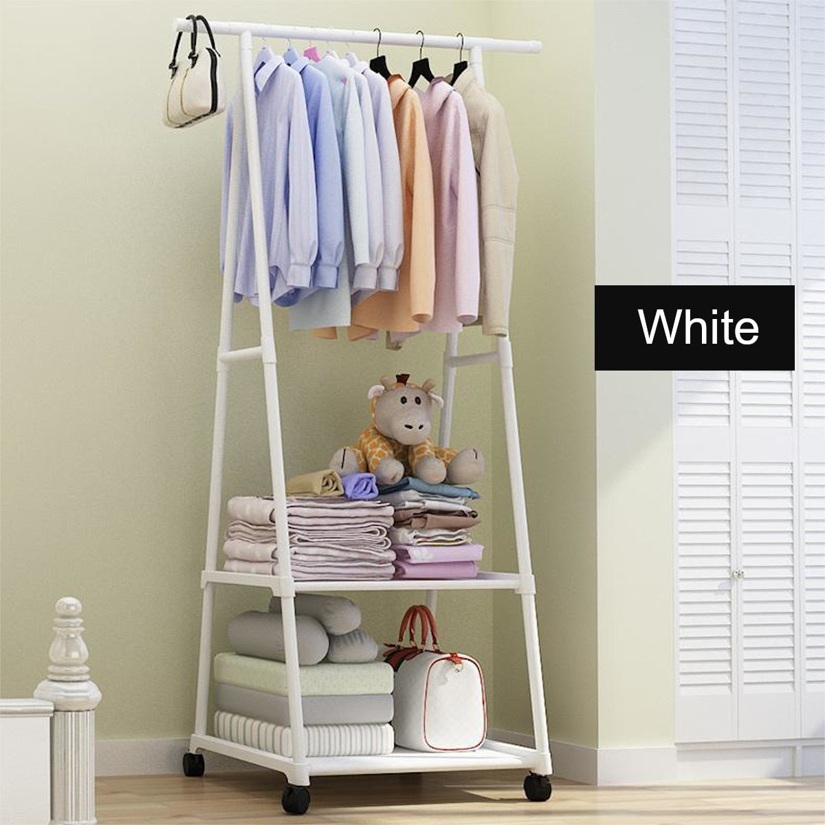 Removable Metal Coat Rack Floor Shelf Stand with Wheels Multifunction Storage Rack Organizer Garment Clothes Holder Shelves