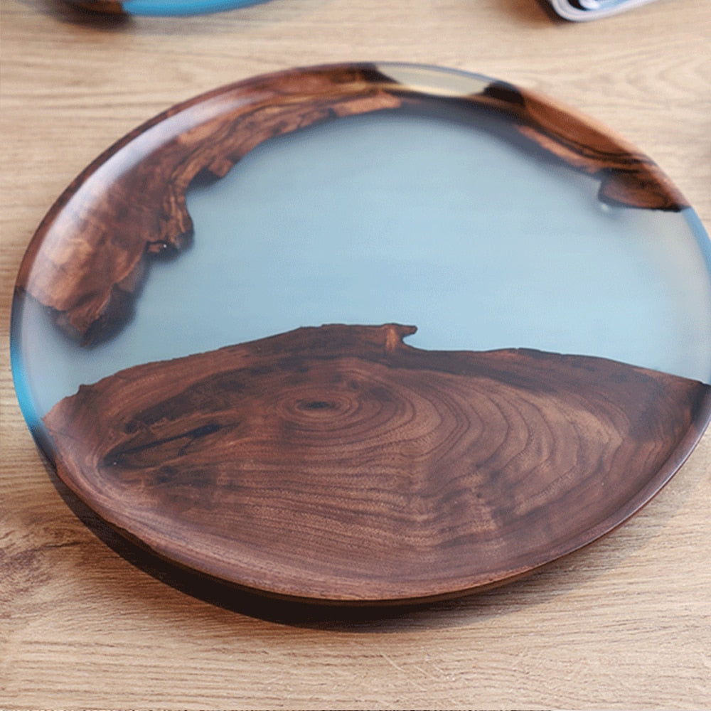 European Style River Design Wooden Epoxy Resin Tray For Teacup Teapot Tea Cake Solid Wood Plates For Fruit Snacks Nuts Dessert