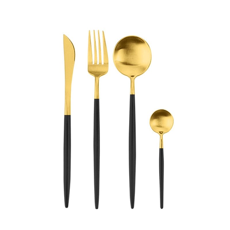 4/24pcs Gold Dinnerware Set Upscale Black Stainless Steel Tableware Knife Fork Coffee Spoon Flatware Set Dishwasher Safe Cutlery