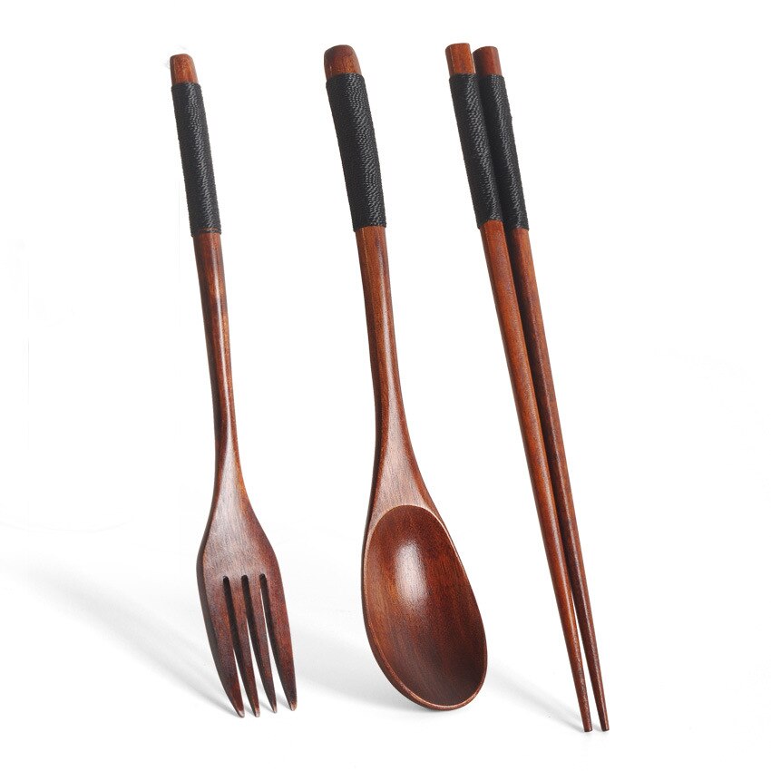 3Pcs/Set Natural Wood Spoon Chopsticks And Fork Dinner Set Rice Soup Grain Tableware Handmade Japanese Cutlery Bamboo Chopstick