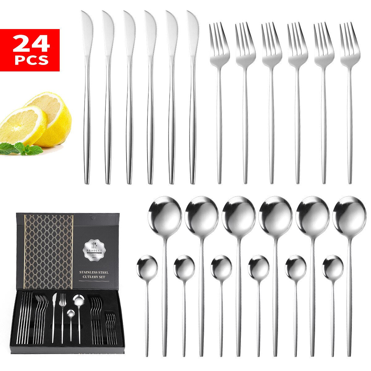 24PCS Box-Packed Cutlery Set Stainless Steel Dinner Tableware Sets Western Dishes Knives Fork Coffee Spoons Kitchen Dinnerware