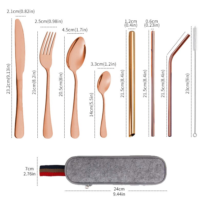 Travel Dinnerware 9PCS Portable Cutlery Camping Dinner Sets Stainless Steel Tableware Rainbow With Straw Kit Brush Chopstick Bag