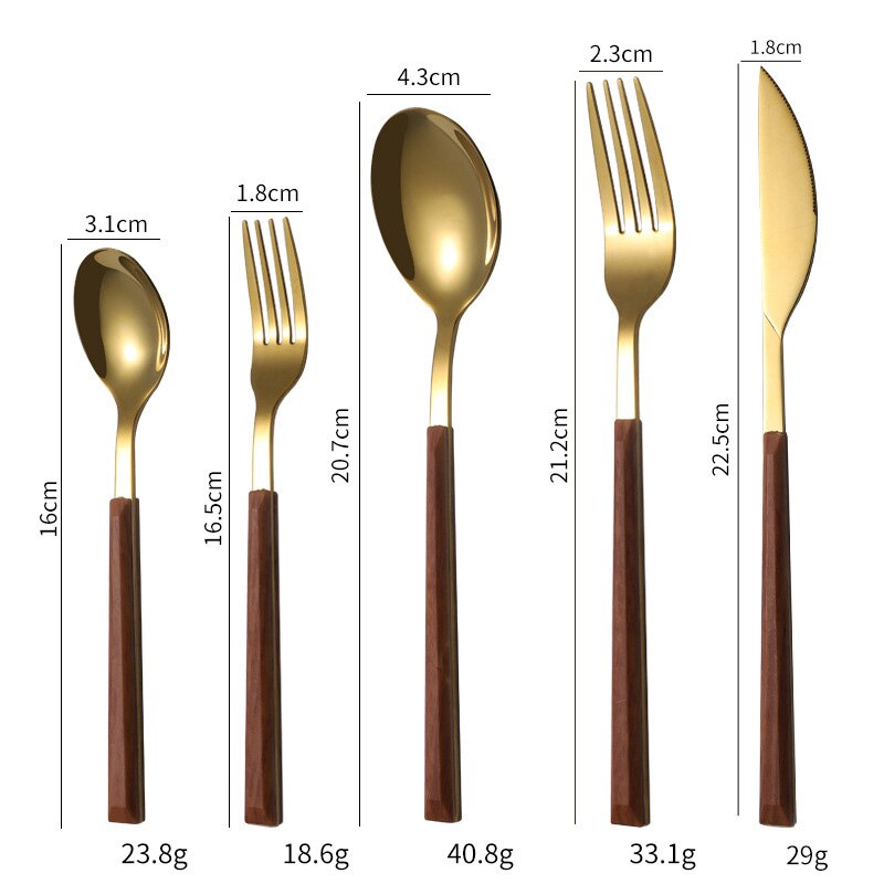 5Pcs/Set 304 Stainless Steel Dinnerware Sets Glossy Silver Wooden Tableware Western Food Knife Fork Teaspoon Cutleries