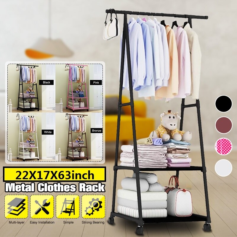 Removable Metal Coat Rack Floor Shelf Stand with Wheels Multifunction Storage Rack Organizer Garment Clothes Holder Shelves