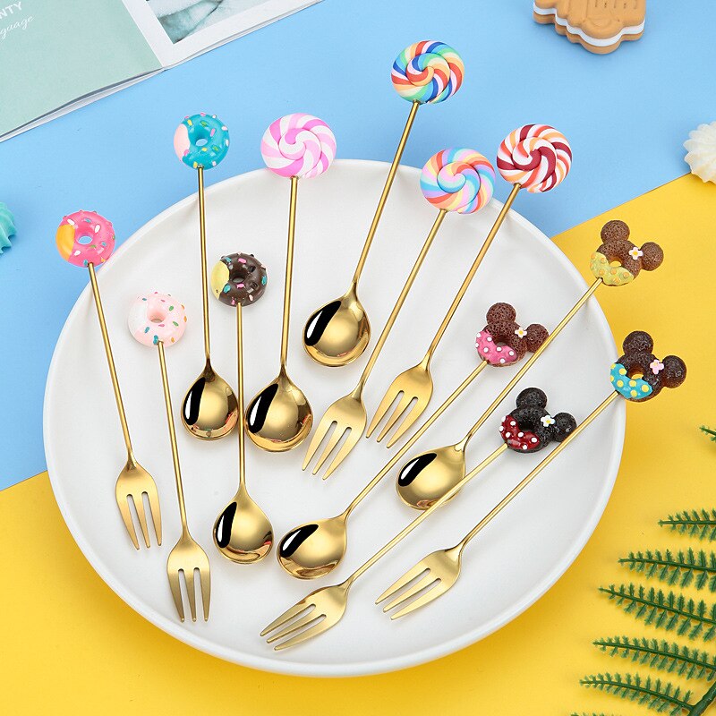 Donut Lollipop Fork Spoon Stainless Steel Cake Dessert Food Fruit Forks Coffee Stirring Spoon Kid Cutlery Dinnerware Accessories