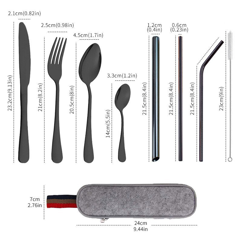 Travel Dinnerware 9PCS Portable Cutlery Camping Dinner Sets Stainless Steel Tableware Rainbow With Straw Kit Brush Chopstick Bag