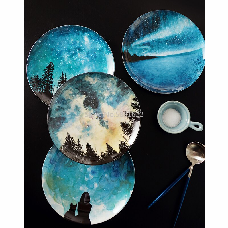 Nordic style 8 inch Night sky pattern Dinner Plate set Porcelain Dessert Snack Cake Dishes for Kitchen Decor Gift dinnerware