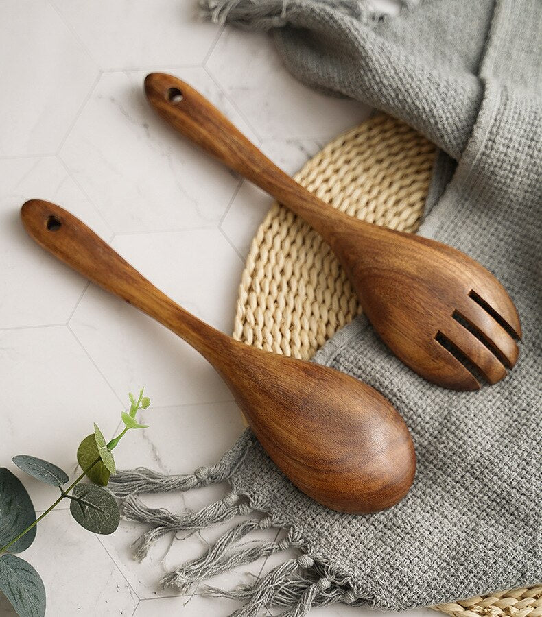 1/2Pcs Wooden Spoon Salad Fork Spoon Set Wood Kitchen Accessories Utensils Long Handle Soup Spoon Ladle Server Tableware