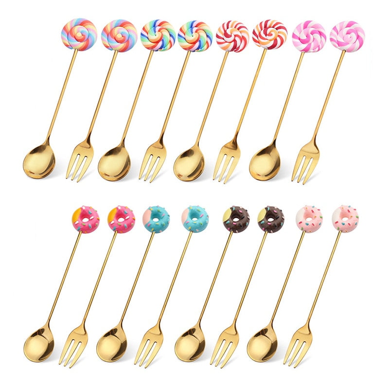 Donut Lollipop Fork Spoon Stainless Steel Cake Dessert Food Fruit Forks Coffee Stirring Spoon Kid Cutlery Dinnerware Accessories