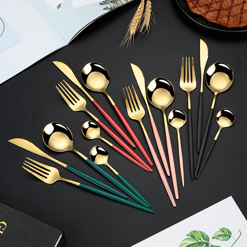 4/24pcs Gold Dinnerware Set Upscale Black Stainless Steel Tableware Knife Fork Coffee Spoon Flatware Set Dishwasher Safe Cutlery