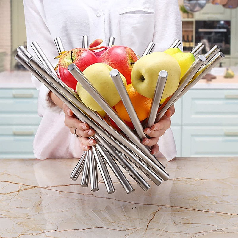 Fashion Fruit Bowl Basket Tray Storage Creative Stainless Steel Rotate Fold Plate Tray Household Strainer Kitchen Accessories