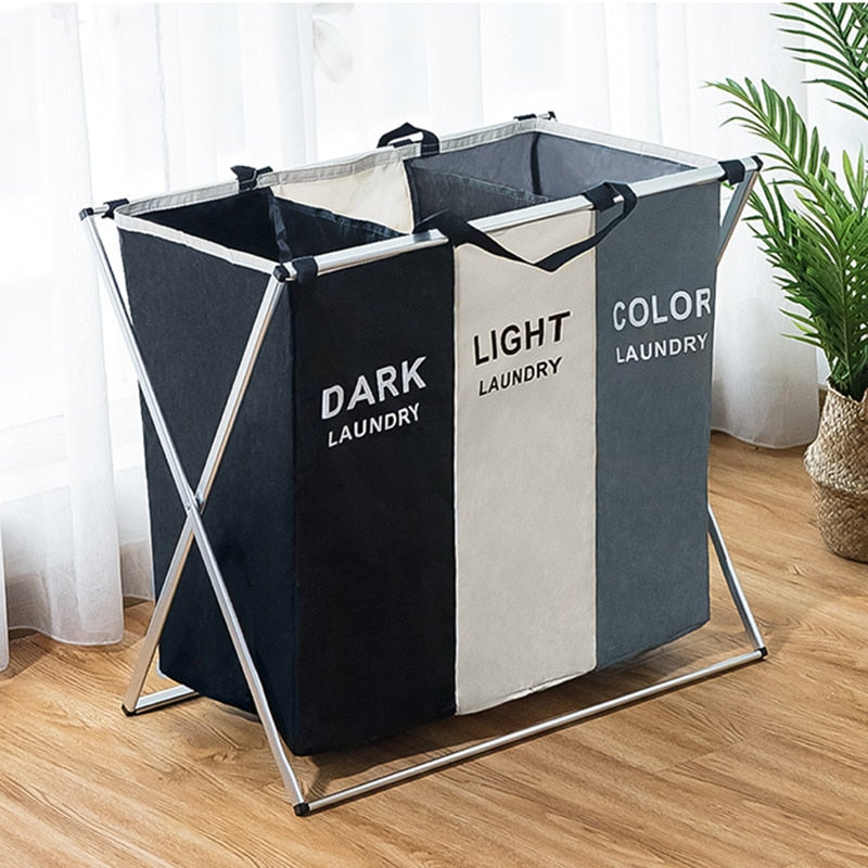 X-Shape Foldable Dirty Laundry Basket Organizer Printed Collapsible Three Grid Home Laundry Hamper Sorter Laundry Basket Large