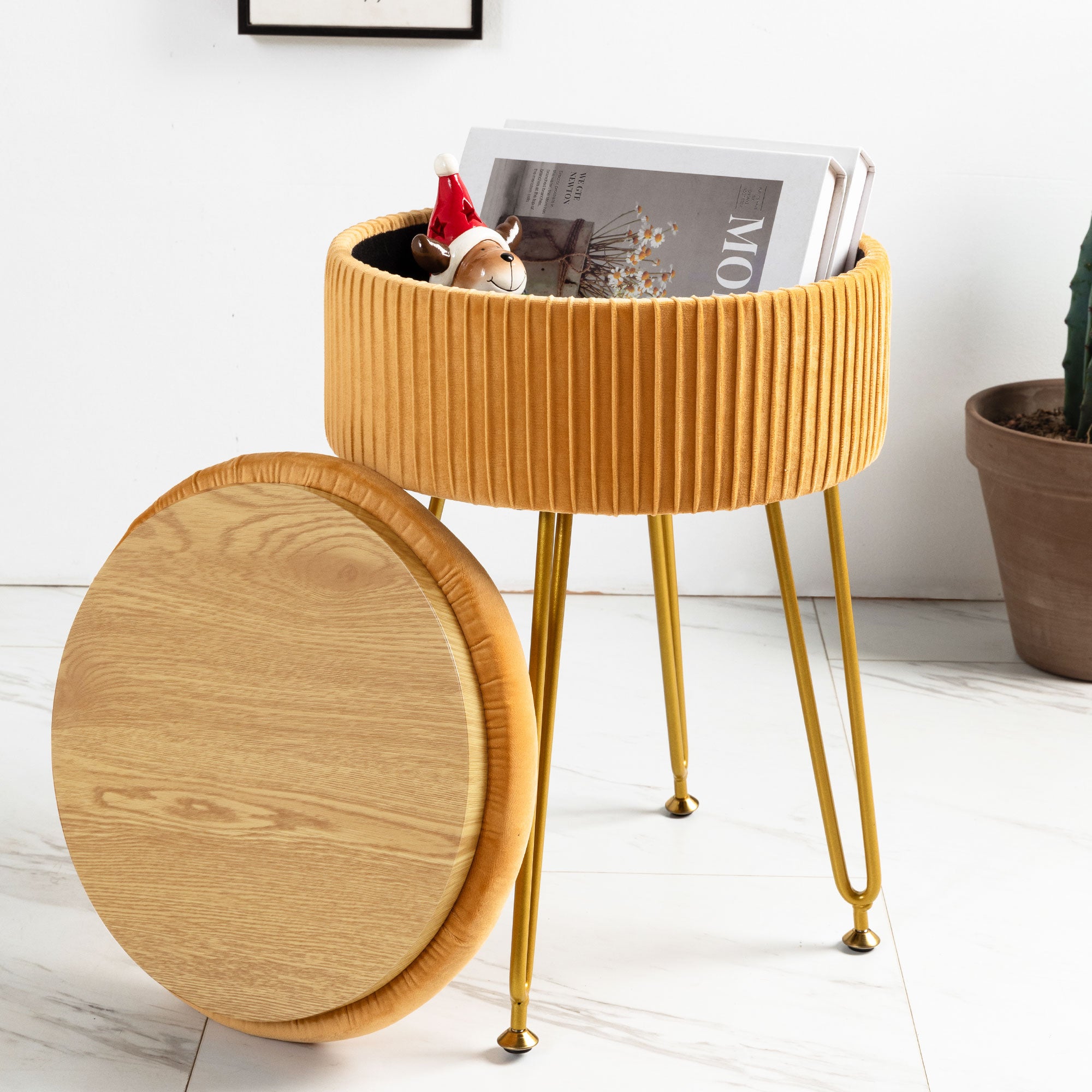 Orange Velvet Storage Ottoman Stool Round Footrest Vanity Stool with Metal Legs Suitable for Living Room and Bedroom