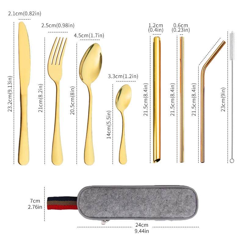 Travel Dinnerware 9PCS Portable Cutlery Camping Dinner Sets Stainless Steel Tableware Rainbow With Straw Kit Brush Chopstick Bag