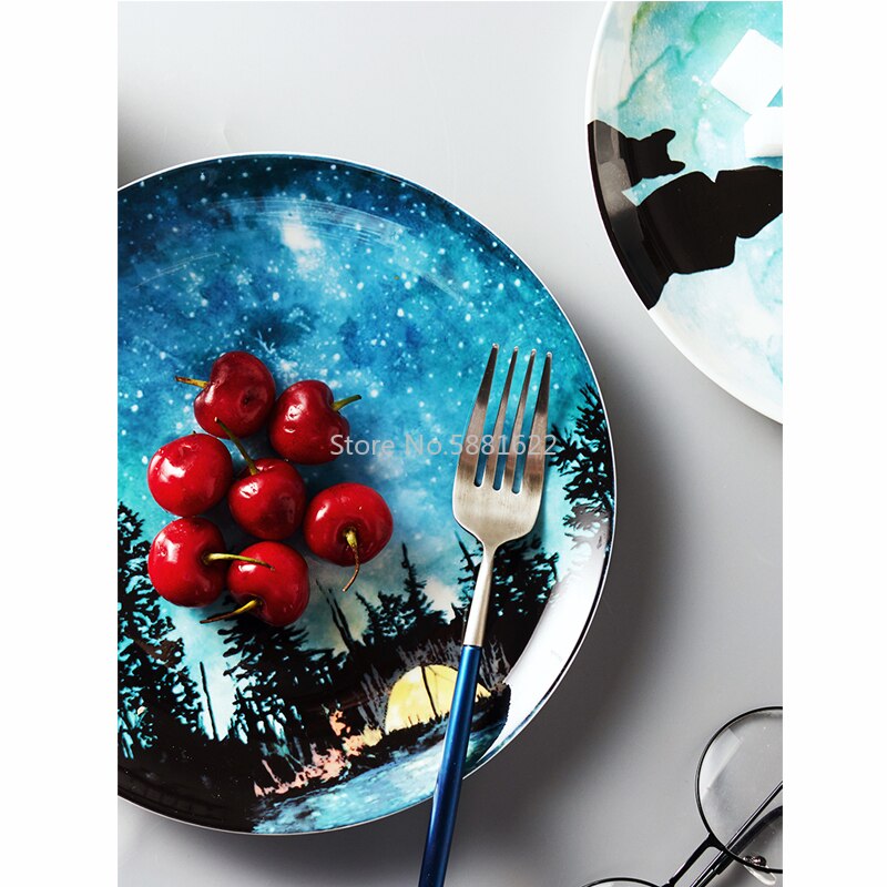 Nordic style 8 inch Night sky pattern Dinner Plate set Porcelain Dessert Snack Cake Dishes for Kitchen Decor Gift dinnerware