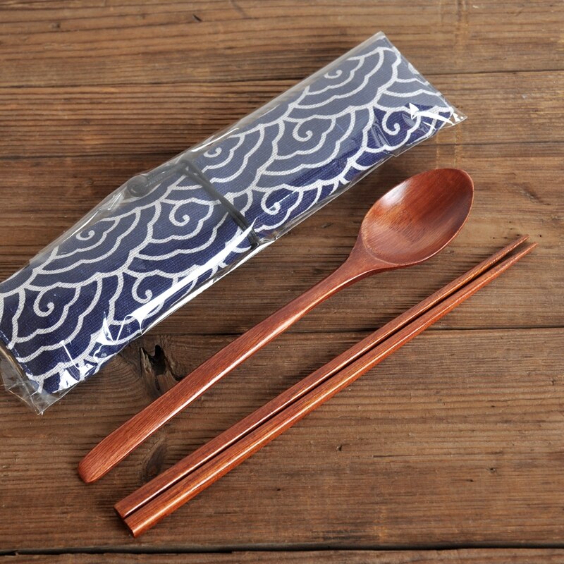 Portable Wood Tableware Wooden Chopstick Spoon Cutlery Sets Travel Dinnerware Suit Environmental with Cloth Pack Gifts Set