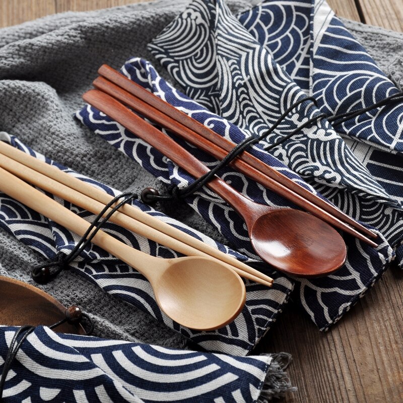 Portable Wood Tableware Wooden Chopstick Spoon Cutlery Sets Travel Dinnerware Suit Environmental with Cloth Pack Gifts Set