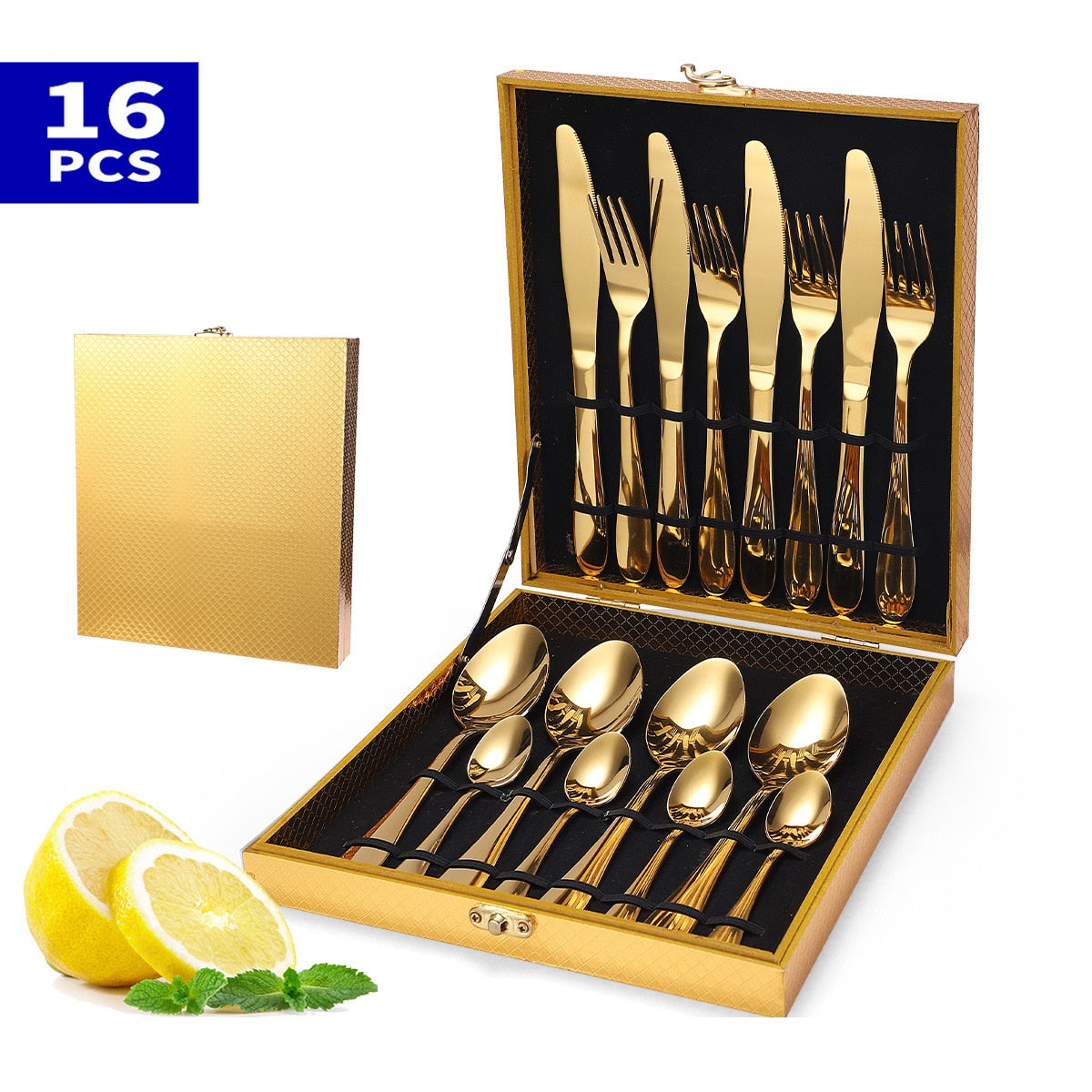 16PCS Gold Box-Packed Cutlery Tableware Set Stainless Steel Table Cutlery Western Dishes Knives Fork Spoons Kitchen Dinnerware