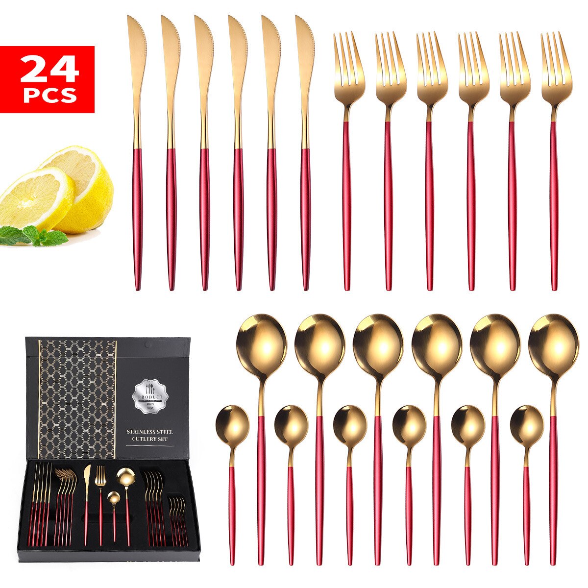 24PCS Box-Packed Cutlery Set Stainless Steel Dinner Tableware Sets Western Dishes Knives Fork Coffee Spoons Kitchen Dinnerware