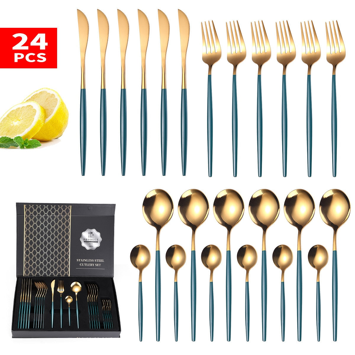 24PCS Box-Packed Cutlery Set Stainless Steel Dinner Tableware Sets Western Dishes Knives Fork Coffee Spoons Kitchen Dinnerware