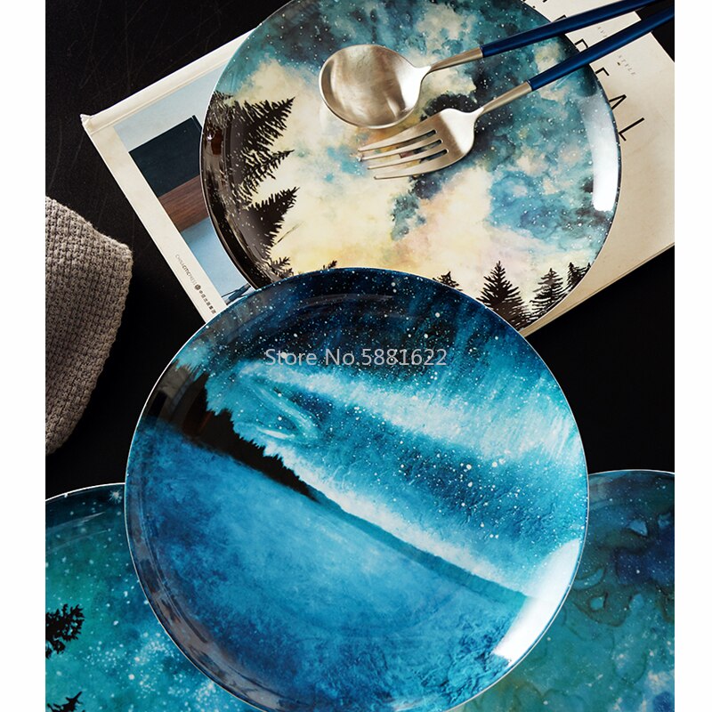 Nordic style 8 inch Night sky pattern Dinner Plate set Porcelain Dessert Snack Cake Dishes for Kitchen Decor Gift dinnerware